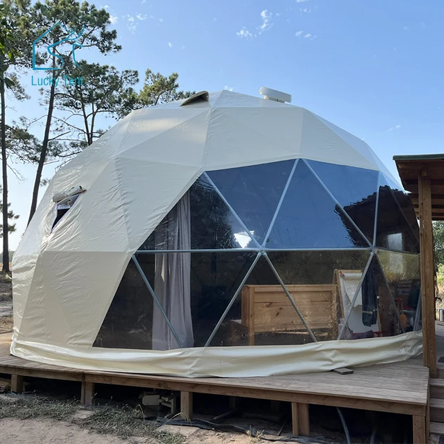 Heated geo luxury hotel glamping resort beige pvc dome shaped tent with insulation