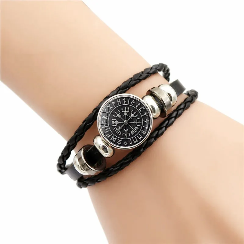 Vintage Viking Compass Trinity Bracelet Nordic Rune Odin Pattern Punk  Leather Bracelet Fashion Men'S Jewelry Amulet Gift