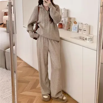 Free Size Turtleneck Zipper Top Knitted With Loose Wide Leg 2Pcs Set Pants Women Winter Sets