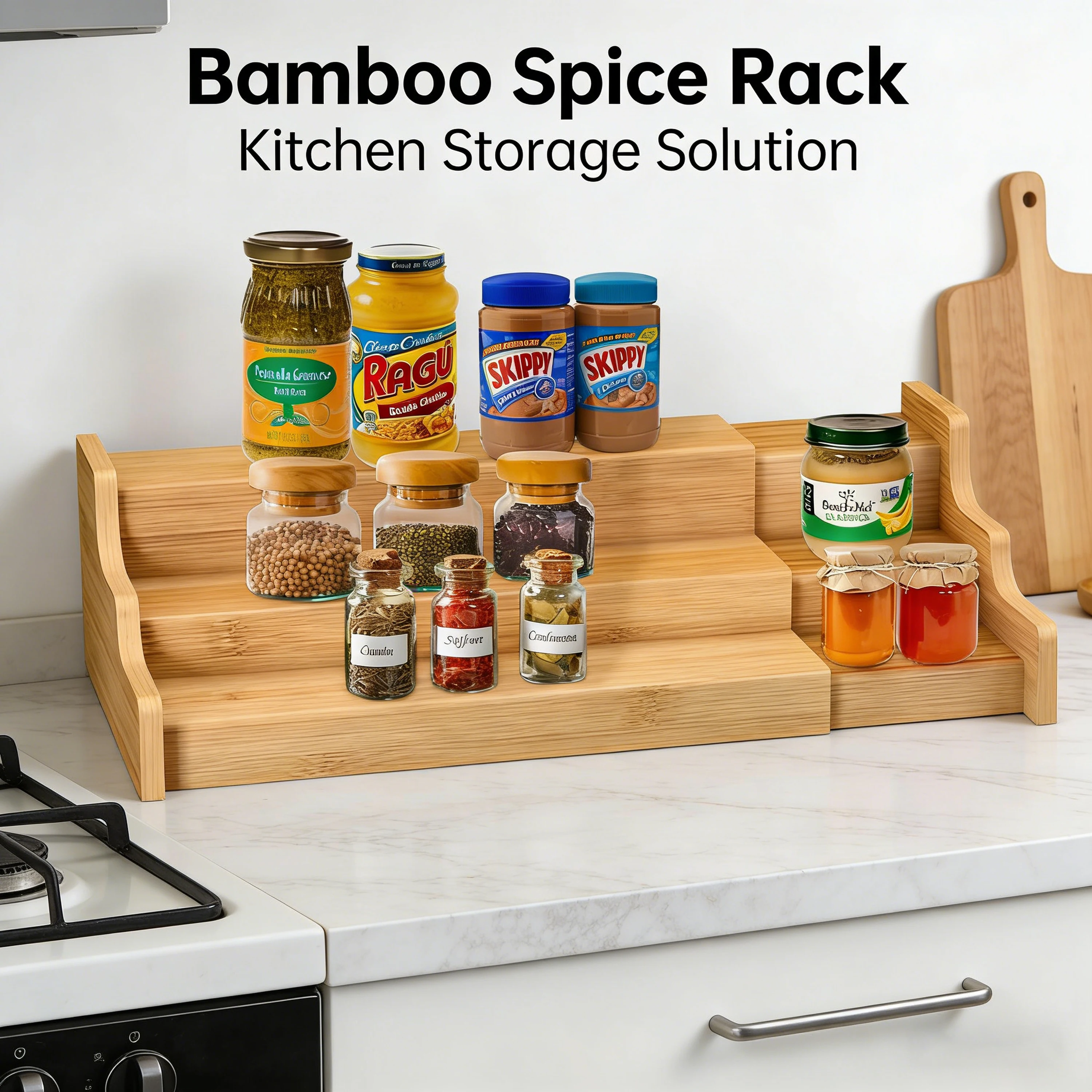 Bamboo Expandable Spice Rack Step-Style Countertop Organizer for Spices Jars Bottles Kitchen Storage Shelf for Pantry Cabinet