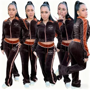 2025 Custom Logo Tracksuits New Fashionable Casual Long Sleeved Top and Flared Pants Two-piece Set Women Clothing