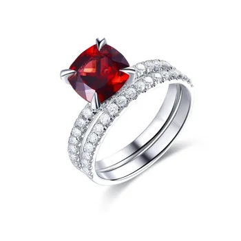 Cushion Cut Ruby With White Zircon 925 Sterling Silver Engagement Ring Set