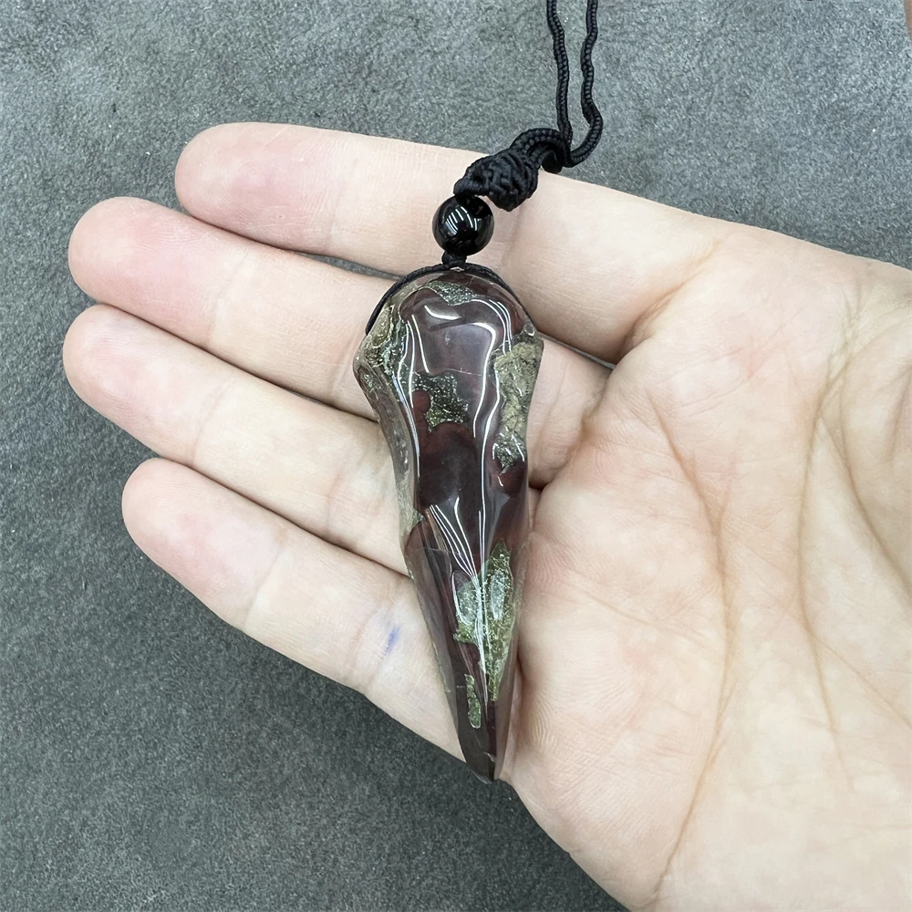 Healing Gemstone Hand Carved Crow Skull Head Necklace Natural Crystal  Rainbow Fluorite Raven Beak Pendant Braided Rope Necklace