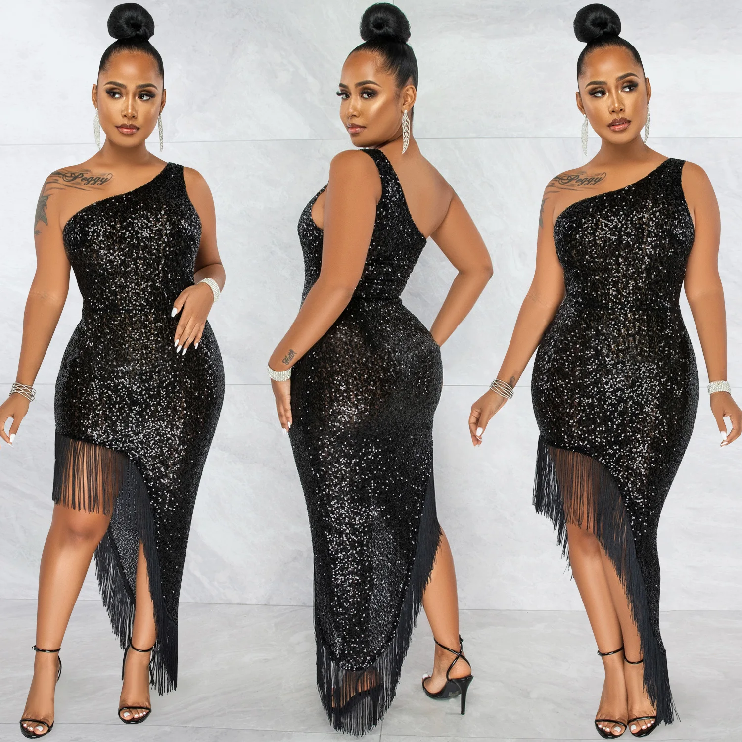 One Shoulder Sexy Party Dresses for Girls of 18 Years Old Evening Dresses  Guangzhou Sparkly Sequined Fringe Tassel Dress