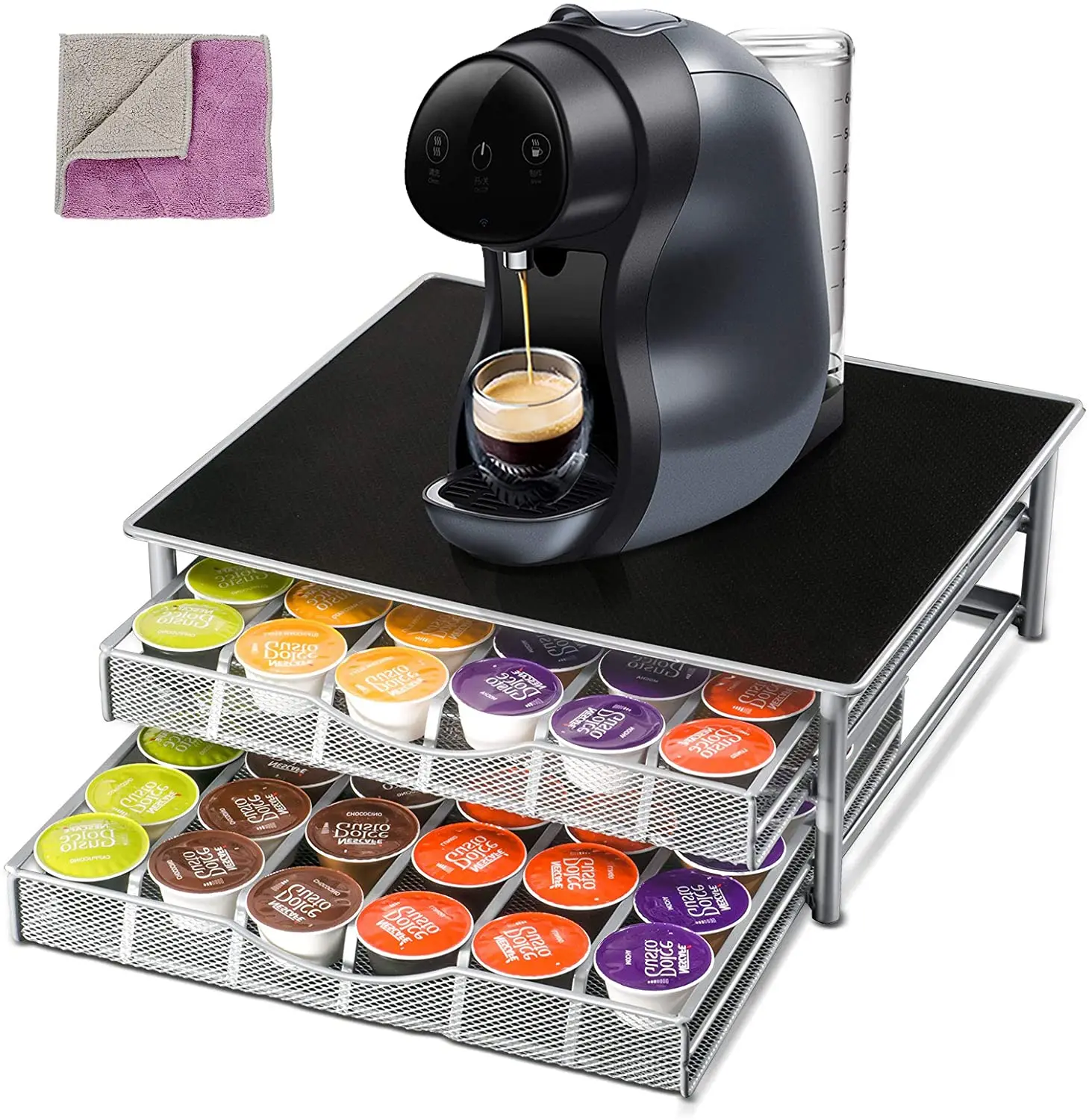 Nespresso 72 Coffee Capsule Holder Rack 2-Tier Pod Storage Drawer Organizer and Coffee Machine Stand with Kitchen