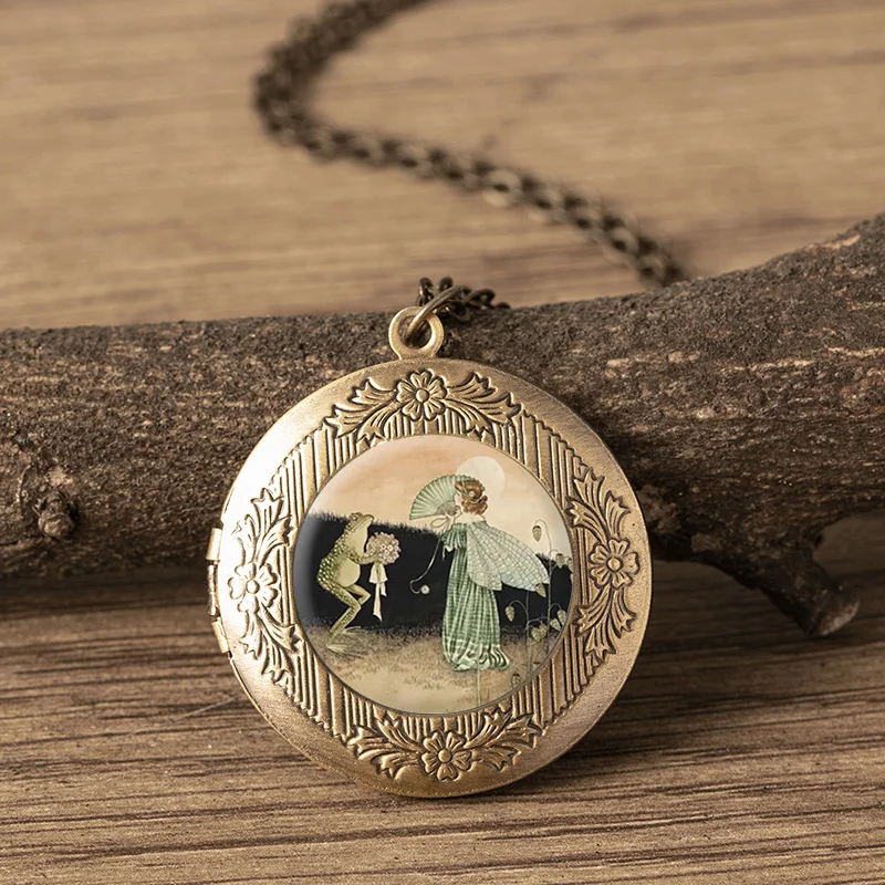 Vintage Frog Fairy Photo Frame Locket Necklace Antique Gold Glass Dome  Pendant Necklaces for Women Girls Boys