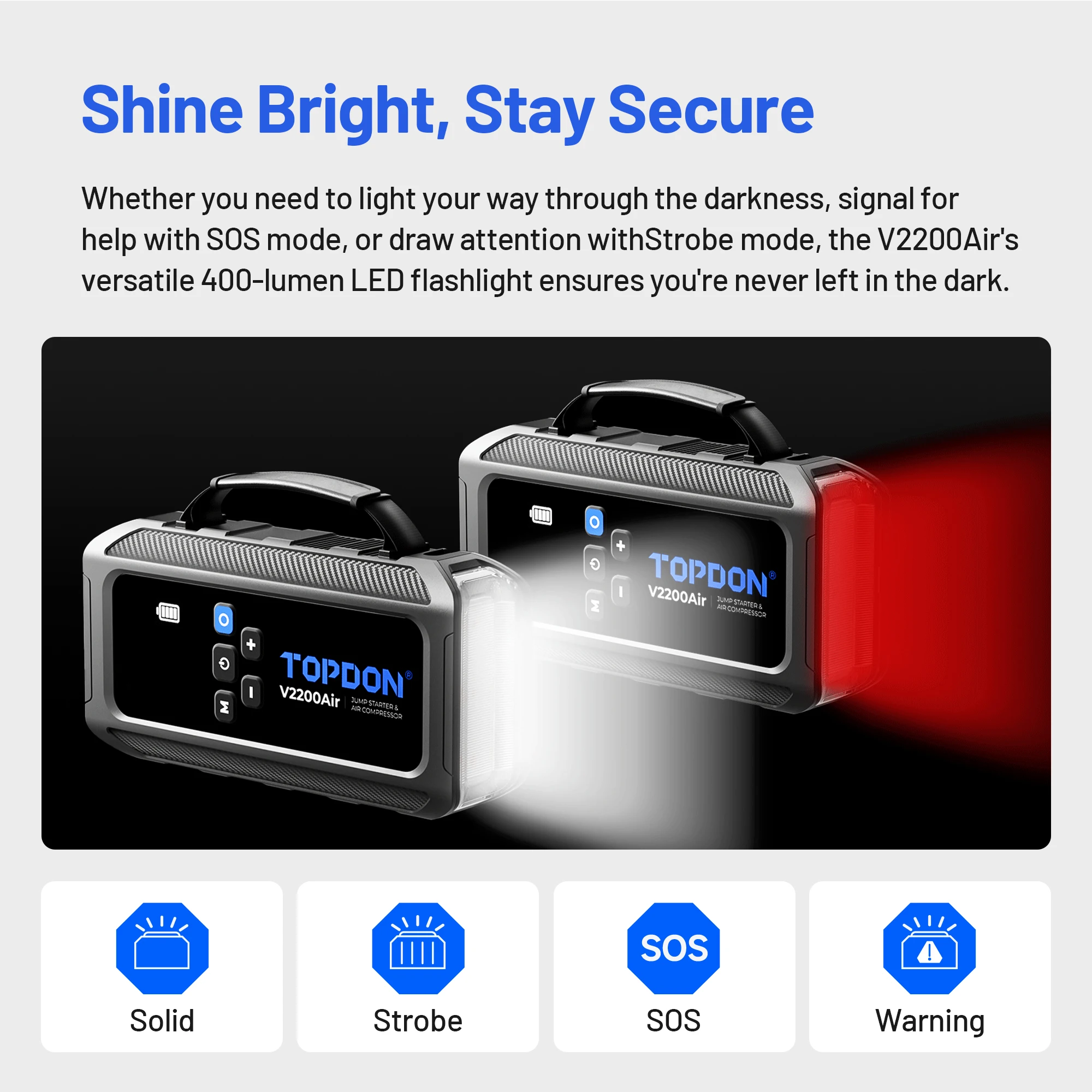 Topdon V2200 Air Multi Function Power Bank Portable Battery Booster Super Capacitor Jump Starter Powerbank with Air Pump for Car