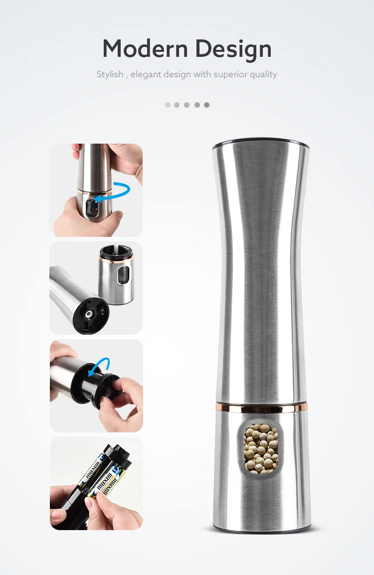 New Design Electric Battery Operated Ceramic Salt and Pepper Grinder Stainless Steel Electric Mills