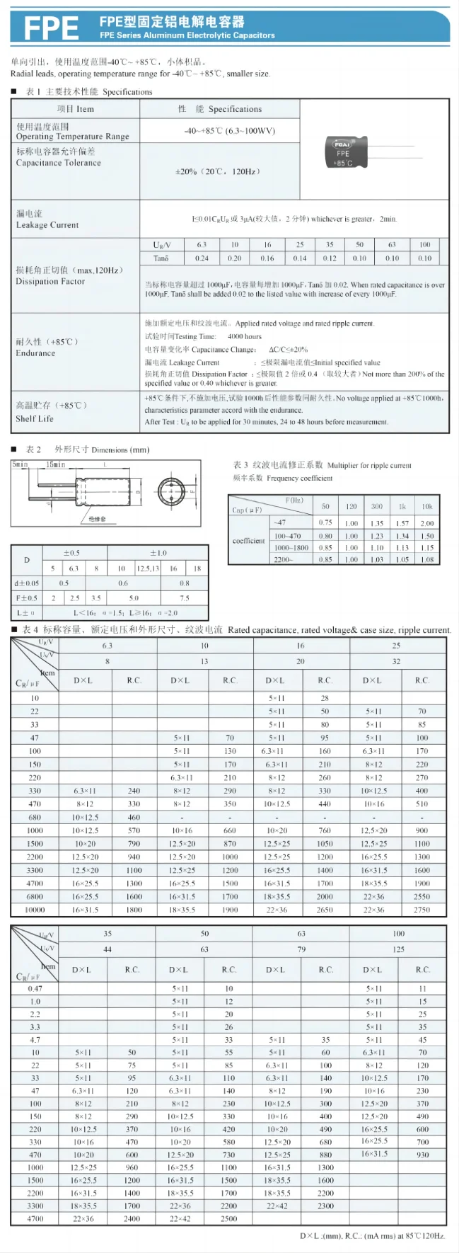 Fpe Series Aluminum Electrolytic Capacitors Radial Leads,Operating