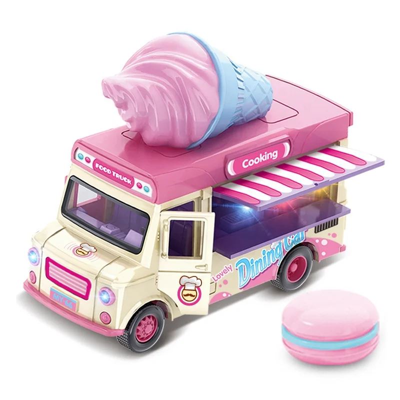 Ice Cream Diecast Car Toy 1/36 Scale MY66-Q1298 Openable Doors Awning  Musical Alloy Trucks Car Model for Children Gifts