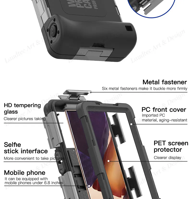 Laudtec SJK092 Ip68 11 Cover Selfie Metal Clear Pouch Lanyard Waterproof Diving Phone Case For Iphone 15 14 13 12 Plus Pro Max details