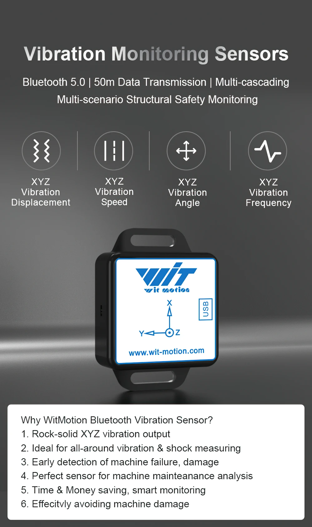 Wtvb01-bt50 Bluetooth 50m Wireless Multi-connected Vibration Sensor,3 ...