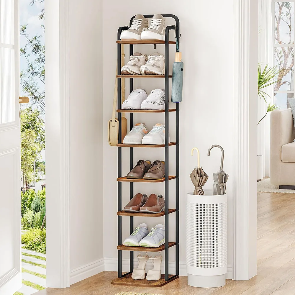 8-Tier Vertical Shoe Rack Wooden Narrow Shoe Tower with 2 Hooks for Entryway and Living Room Organizer for Tall Shoes supplier