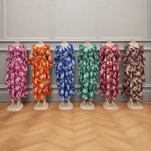 Wholesale New Plus Size African Women's Summer Crewneck Belted Waist Long Sleeve Printed Dress