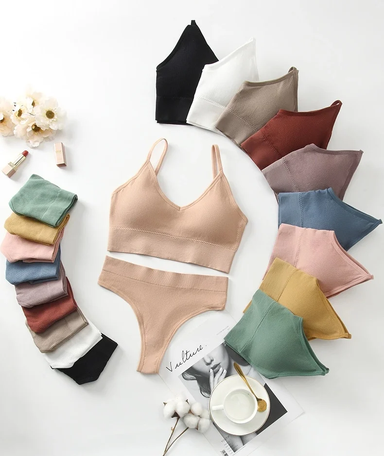 Women Seamless Bra Set Comfy Underwear Thongs Panties Wireless