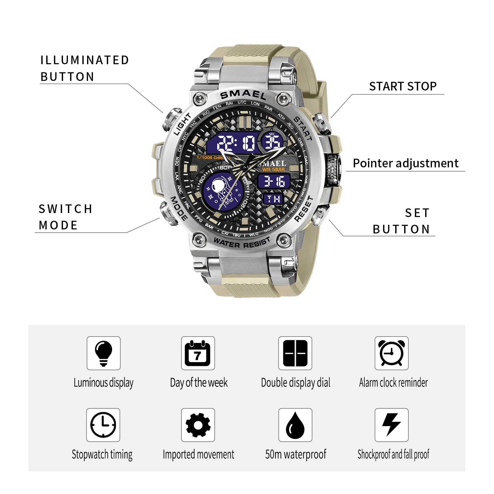 Smael 8093 Sport Watch Men Watches Waterproof 5bar Dual Time Men's ...