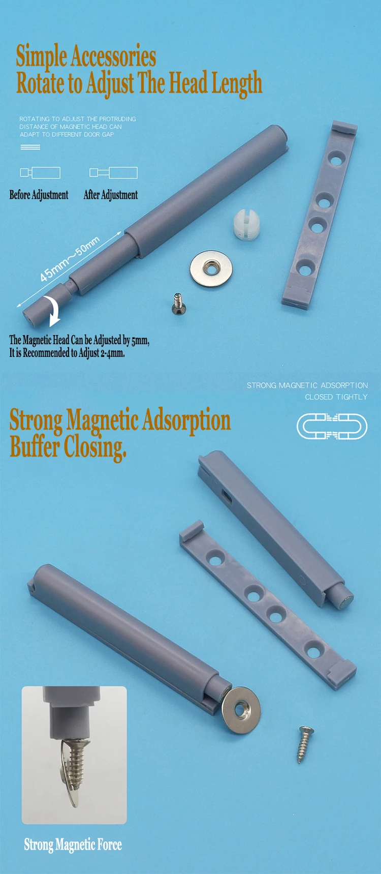 Door Damper Spring Loaded Press Button Aluminum Alloy Push To