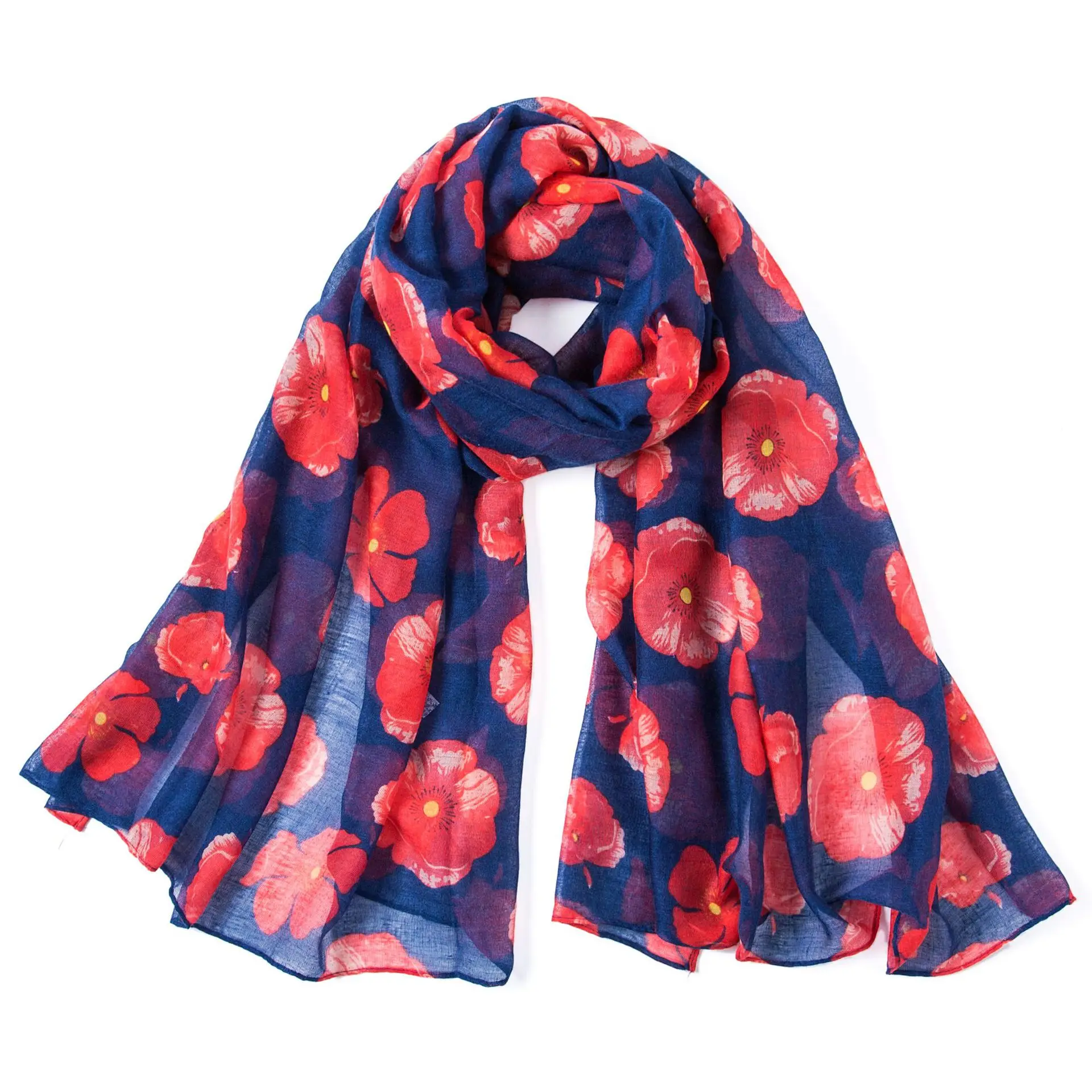 Navy Blue Poppy Scarf Red Flowers Wrap Floral Print Poppies Ladies Shawl New