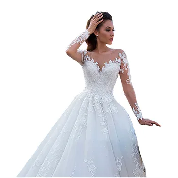V Neck Luxury Long Sleeves Dress Customized Dress Wedding Beaded Lace ...