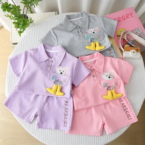 2026 Spring Summer 100% Organic Cotton New Little Bear Half Sleeve+Shorts Sports Set 2-Piece Set