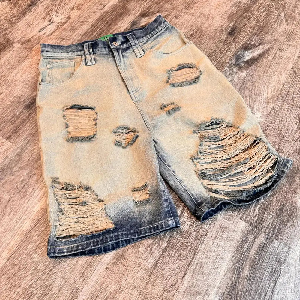Jorts Manufacturer Custom Streetwear Ripped Cotton Oversized Vintage Distressed Acid Washed Baggy Denim Jean Short Jorts for Men gallery 7