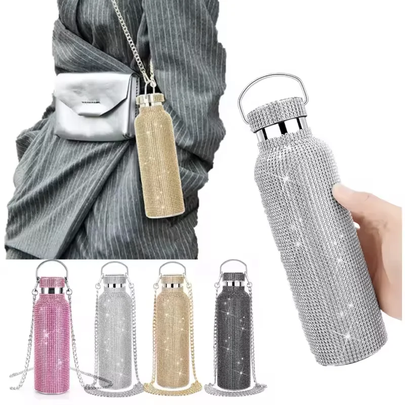 Sparkling Sport Water Bottle Insulated Bling Rhinestone Stainless Steel Thermal Bottle