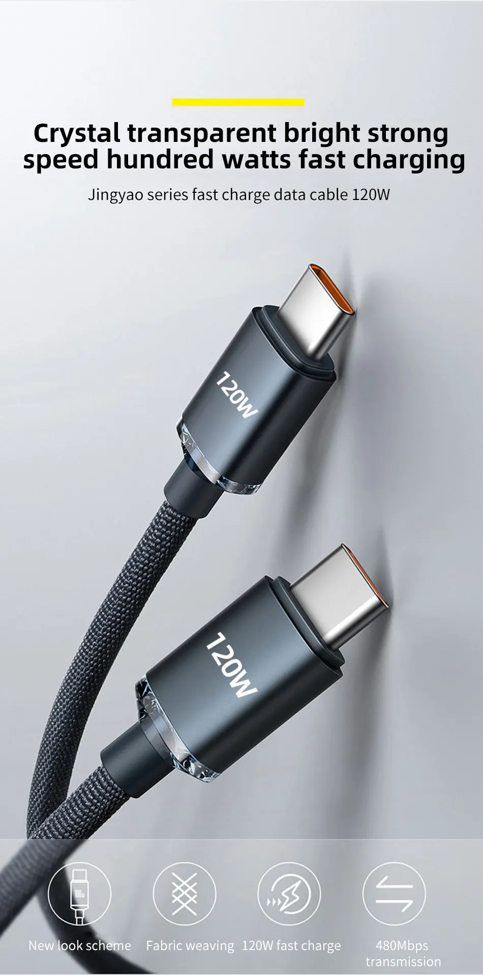 120W USB Type C Charging Cable 6A PD Fast Charge Braided Data Cord for Mobile Phones