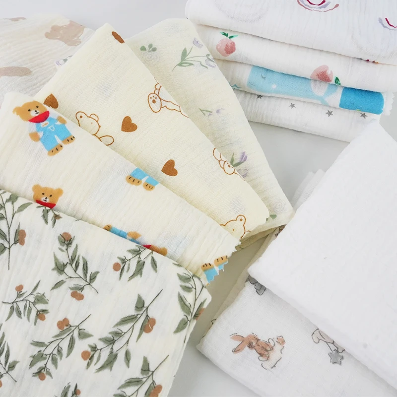 100Cotton Cartoon Print Double-layer Crepe Double-layer Gauze Baby Bear Pajamas Blankets Saliva Towels and Sleeping Bag Fabrics