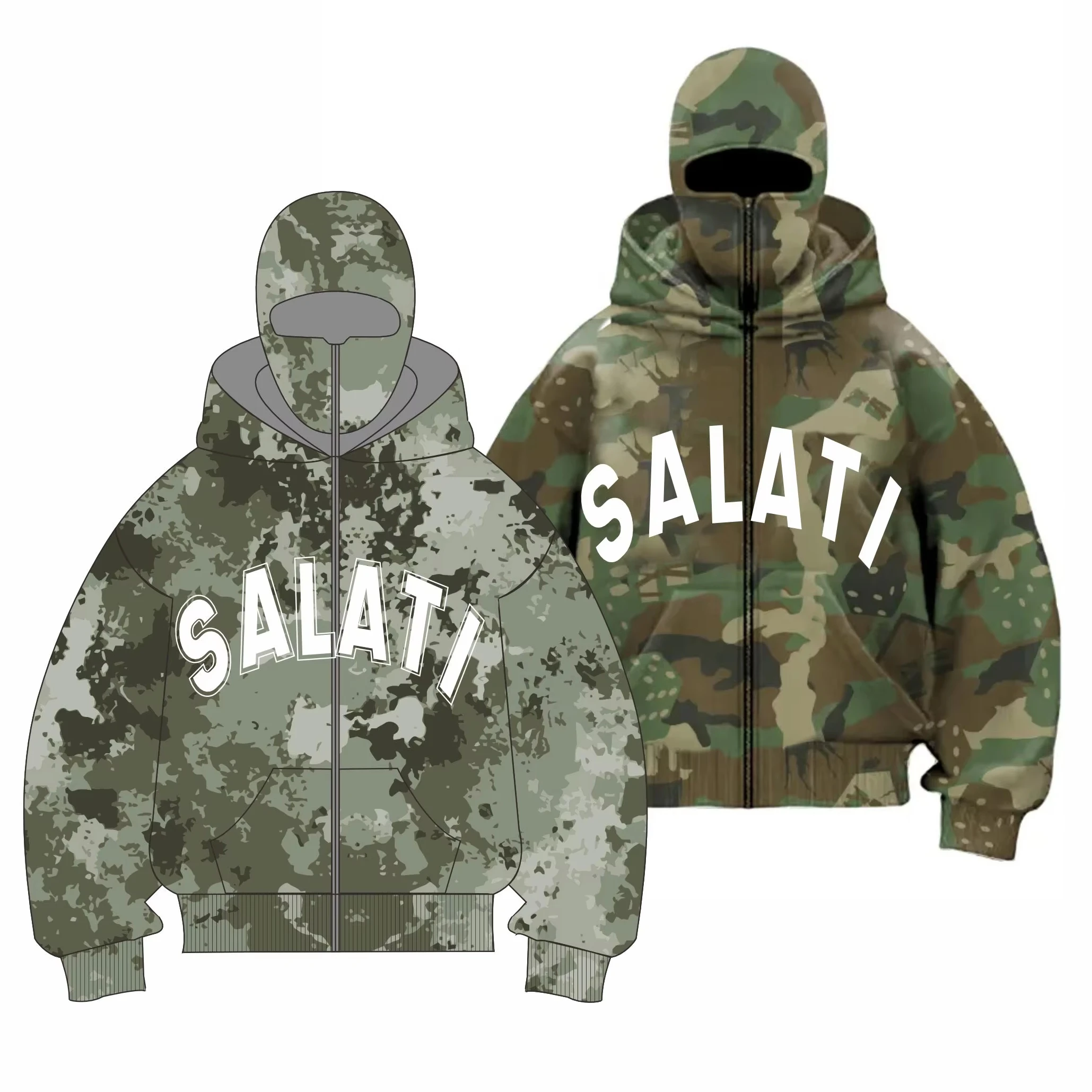 Custom Regular Fit Double Hooded Patch Stitch Patch Embroidered Ninja Balaclava Zip up Mens Sweatshirt Hoodie With Face Ski Mask