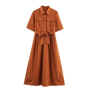 Hot Selling Turn Down Collar Short Sleeve Brown Color Dress With Sashes Casual Fashion Summer Shirt Dress for Women
