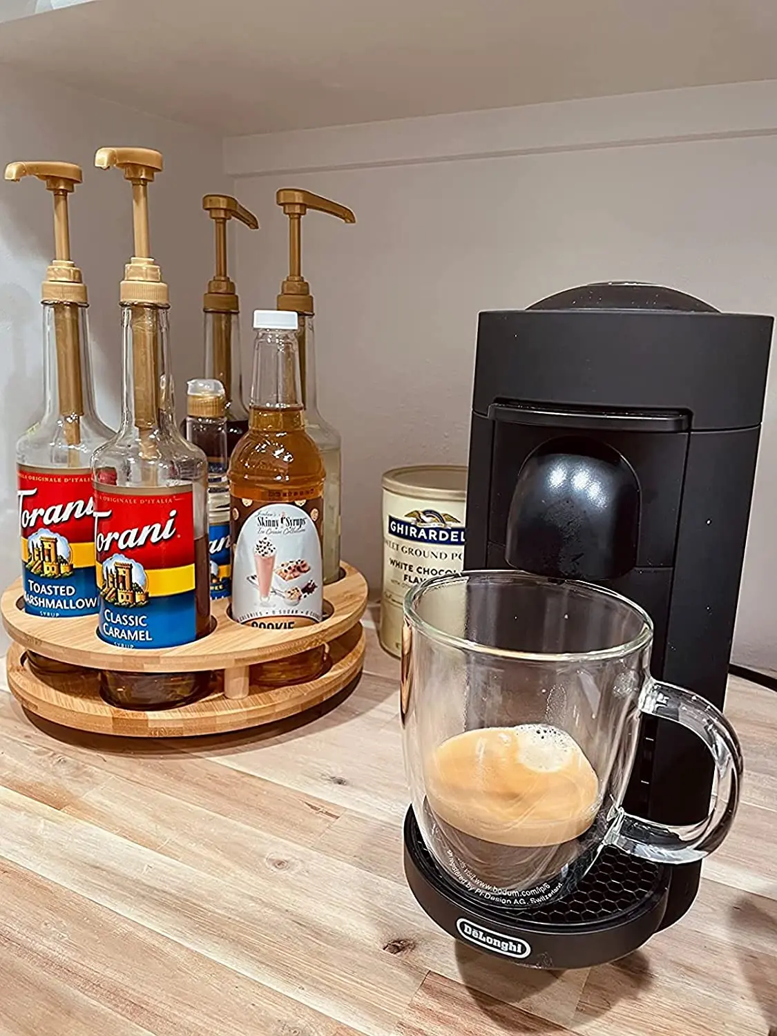 Bamboo Rotating Coffee Syrup Rack Countertop Bottles Rack Organizer Lazy Susan Syrup Serving Station for Kitchen