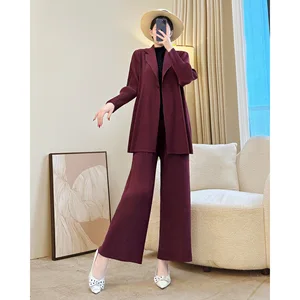 Women's Solid Bow Collar Wine Red Autumn Winter Casual Cardigan Jacket and Loose Straight Pants Two-Piece Suit Set