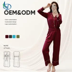 Elegant Women's Silk Satin Sleepwear Long Spring Elastic Waistband Spandex Polyester Dyed Breathable Sleepwear