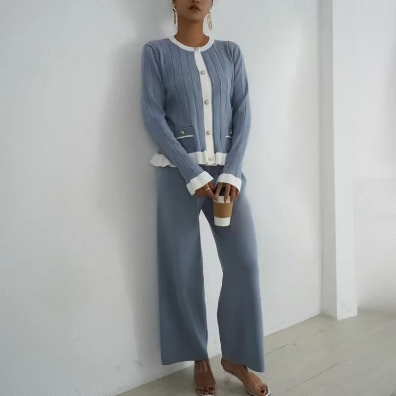 Autumn and winter chic trumpet long sleeved knitted cardigan set women's fashionable wide leg pants two-piece set trendy