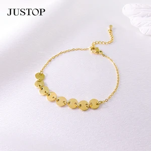 Minimalist Trendy Real 18K Gold Plated Rhodium Plated Stainless Steel Coin Charm Chain Adjustable Bracelet for Women