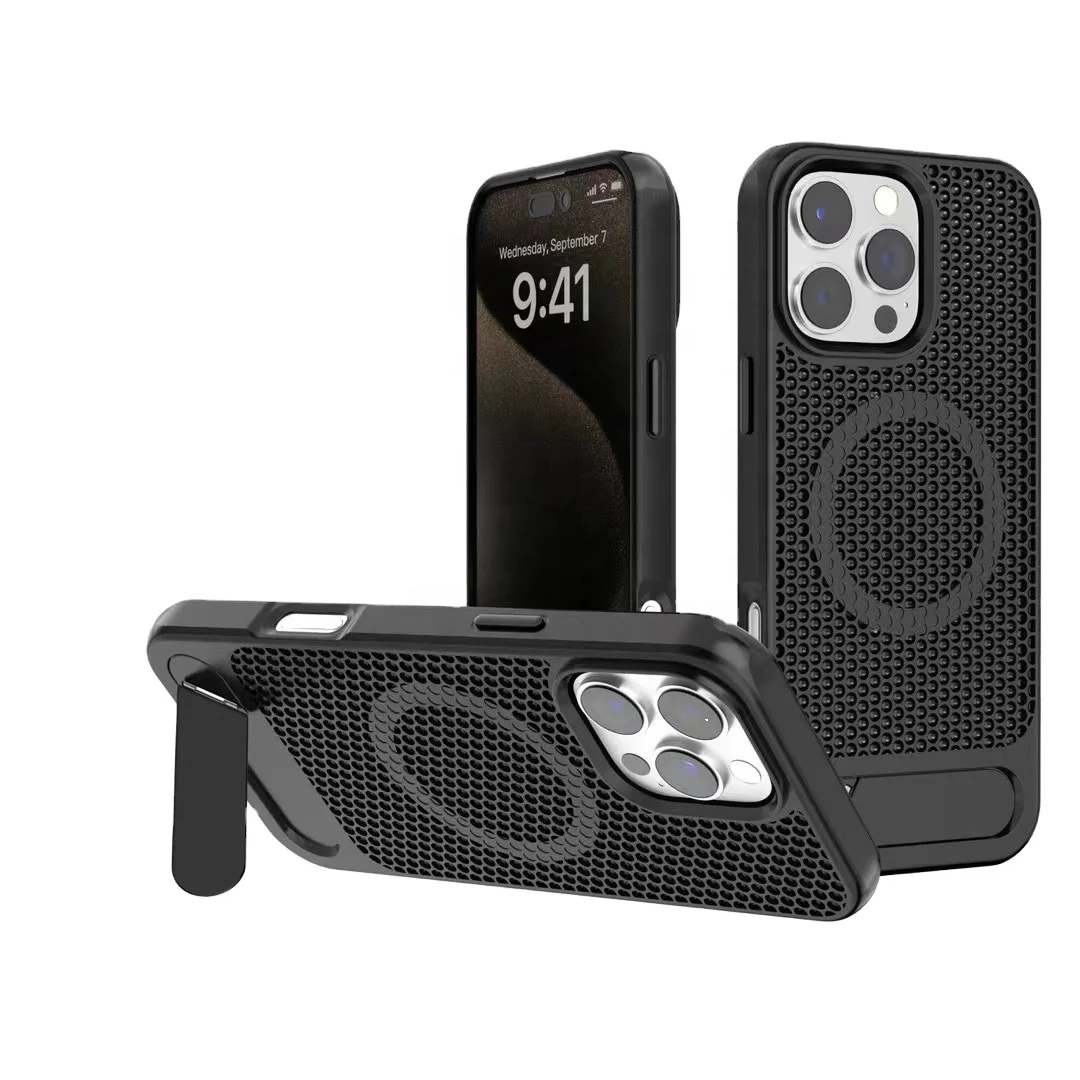Custom Phone Case Manufacture 2024 Heat Dissipation Metallic Metal Kickstand Phone Case Shockproof Cover for iPhone 16 Case
