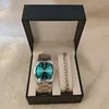 Silver green watch + silver bracelet + box