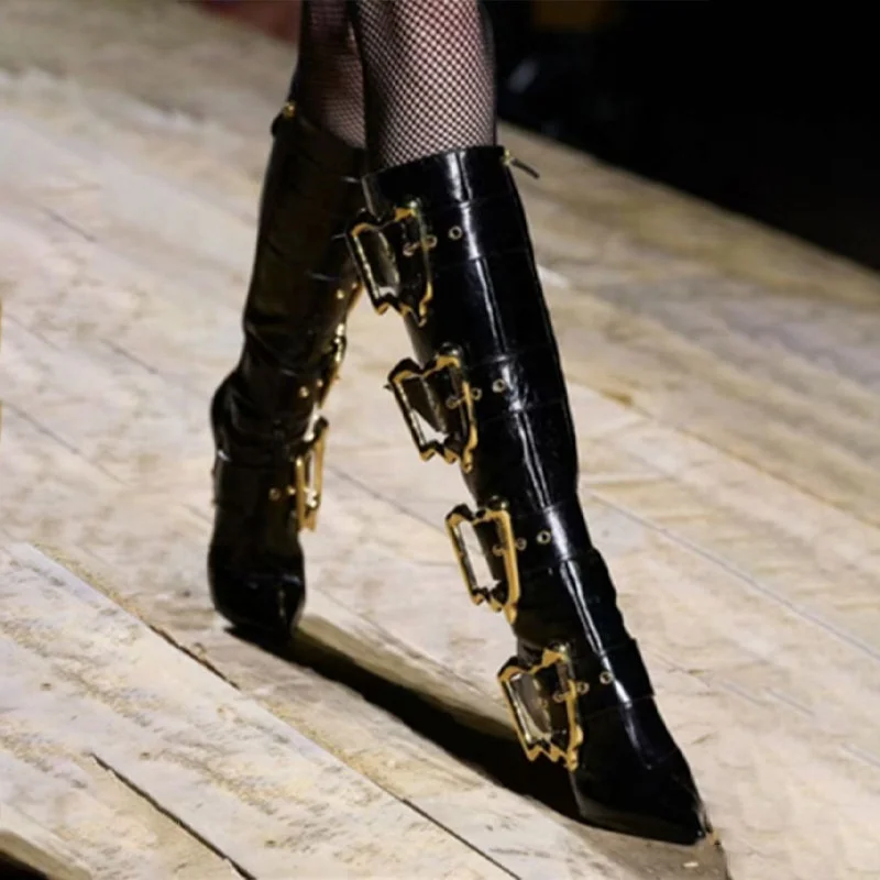 Strange Custom Heels Gold Metal Buckles Women Knee High Boots Side Zipper  Stage High Heels Shoes Dress Black Short Booties
