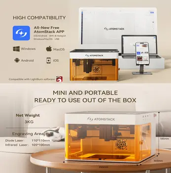 AtomStack P1 MINI 5W ダイオード・ファイバーレーザー彫刻機