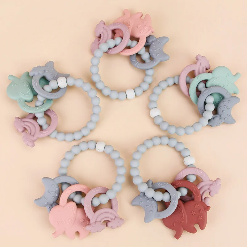 Handmade Animal Pacifier Clip Keys Ring Shape Bracelet Food Grade Silicone Beads Rattle Elephant Silicone Teether