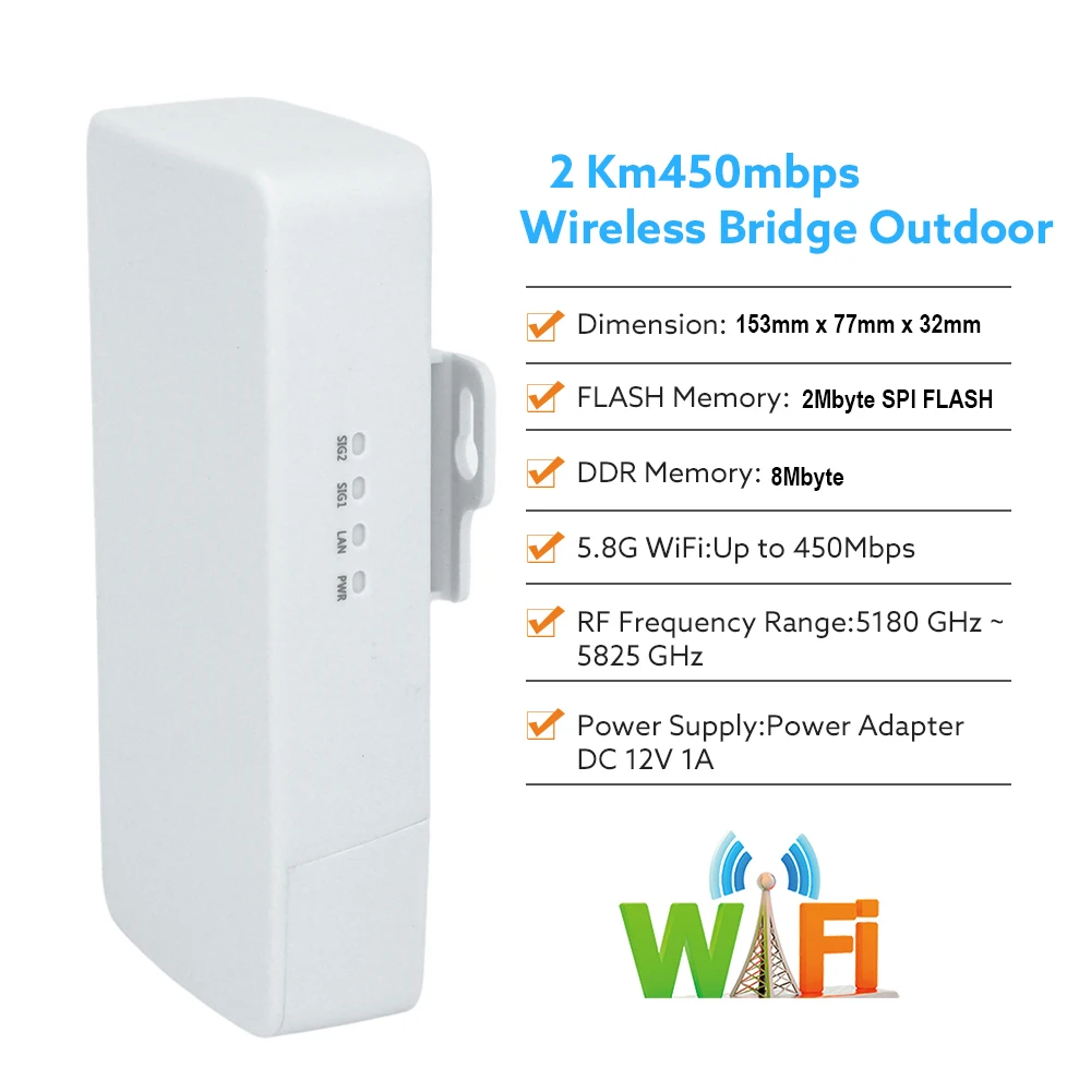 Outdoor WIFI router wireless bridge 5.8G AP 2KM long range 450Mbps wireless AP  with 1*10/00M network port 1PC/2PCS