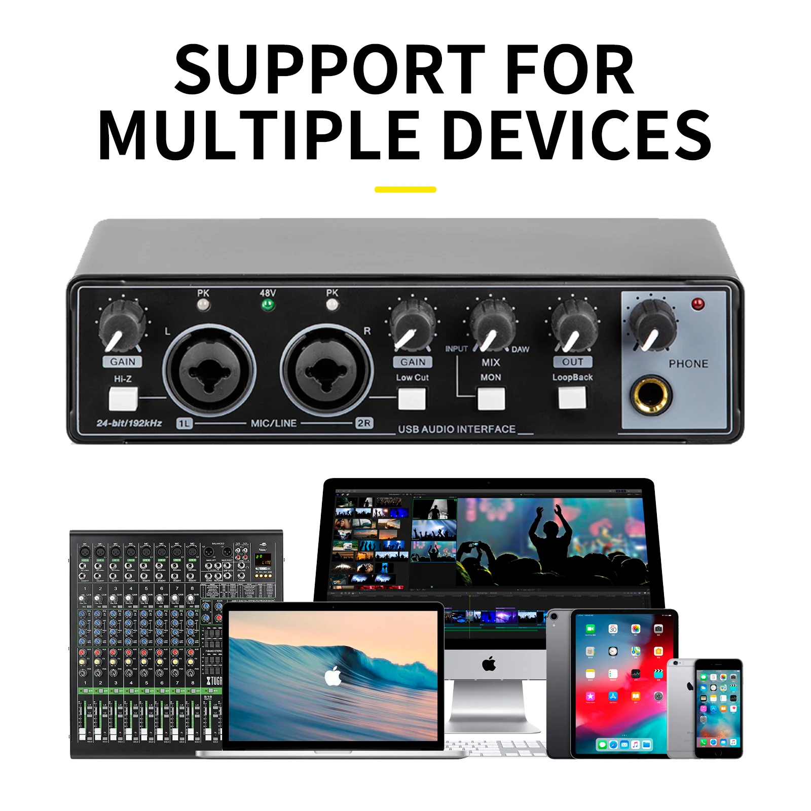 24Bit 96kHz USB Audio Interface for Computer Recording Podcasting Streaming Plug and Play Noise Free