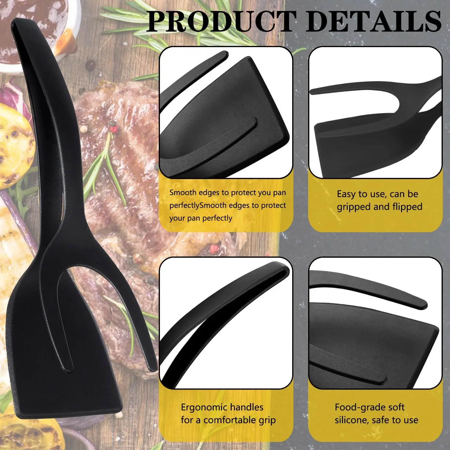 Multifunctional 2-in-1 Non-Stick Food Clip Tongs Fried Egg Cooking Turner Pancake Spatula Pizza Barbecue Omelet Clamp
