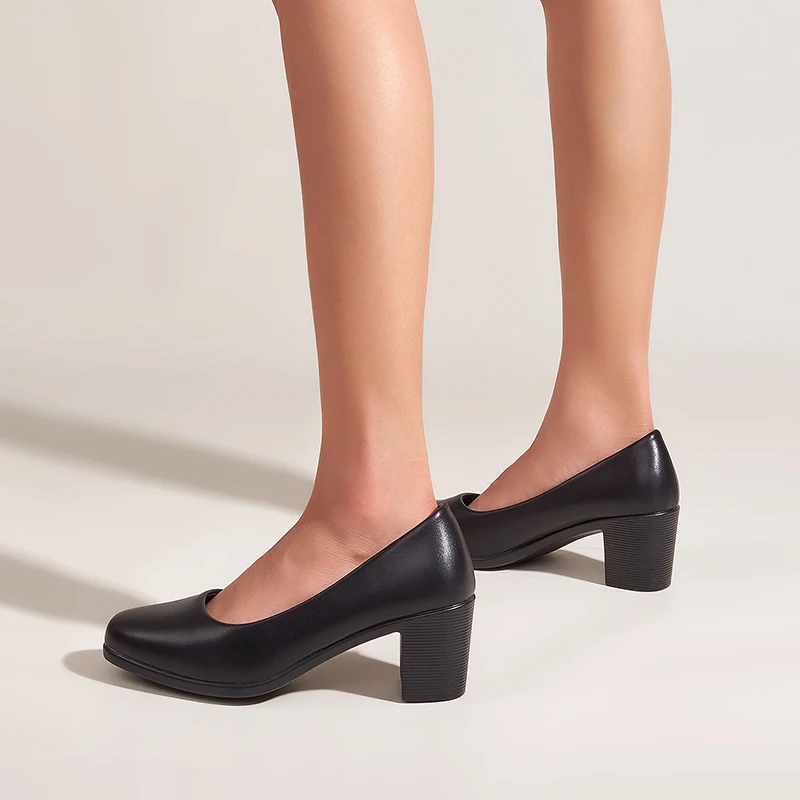 2022 Black Square Toe Women Shoes Office Pu Leather Block Heel