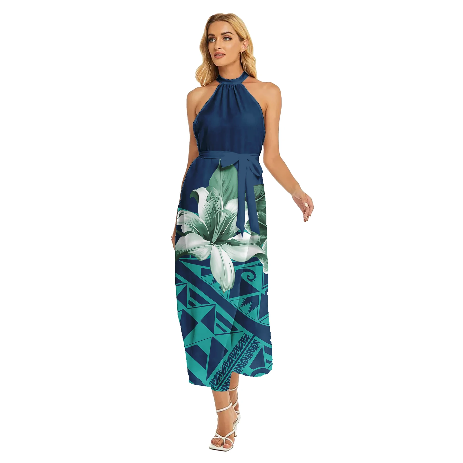 elegant tropical dress Elegant Strapless Blue Green Tropical Print Pleated Maxi Dress