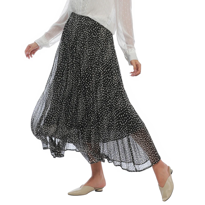Осенняя плиссированная шифоновая черная трапециевидная длинная Повседневная Женская юбка до середины икры из полиэстера с принтом для девушек