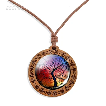 Vintage Wax Rope Chain Necklaces Tree of Life Photo Glass Cabochon Wooden Pendant