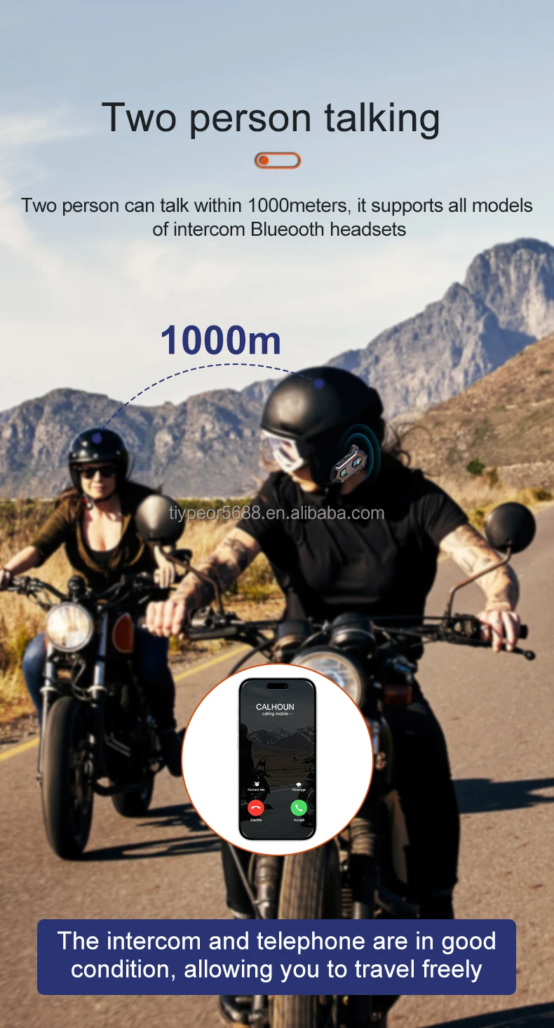 product tiypeor motorcycle helmet bluetooth interconnect earphone long battery headset for 2 riders 1000 meters intercom waterproof ipx6-3