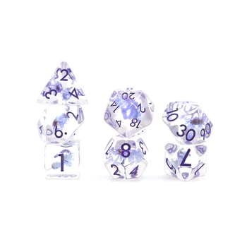 Competitive Price 16Mm Soft Edge Transparent Purple Flowers Gemstone Dnd Dice Set Prevent Anxiety Dnd Dice