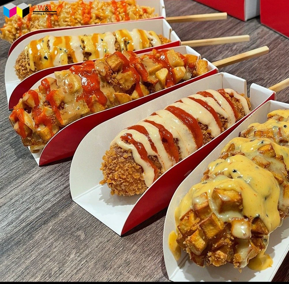 Disposable Biodegradable Take Away Take Out Go to 100% Food Grade Paper Hot Dog Tray Packaging Box with Stick